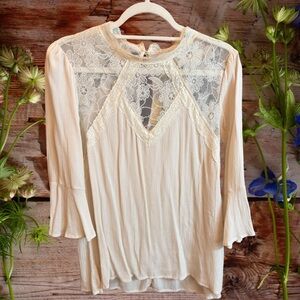 Cream Lace Boho Bell Sleeve Blouse | S